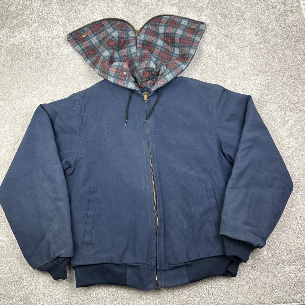 Vintage Berne‎ Bercowear Jacket Coat Mens Medium Blue Flannel Lined US Zip Hood